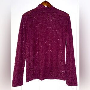 Express‎ Mock Neck Lace Sheer Long Sleeve Fitted Burgundy Top Women L Whimsigoth